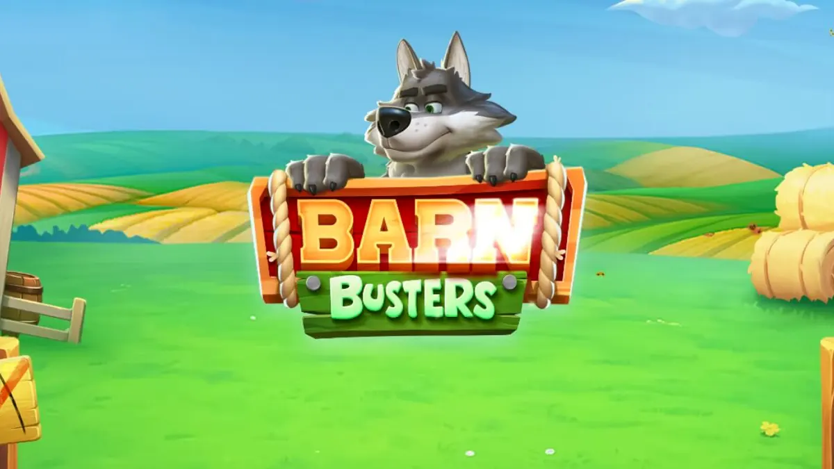 Interface do jogo Barn Busters com o lobo e a roda de prêmios