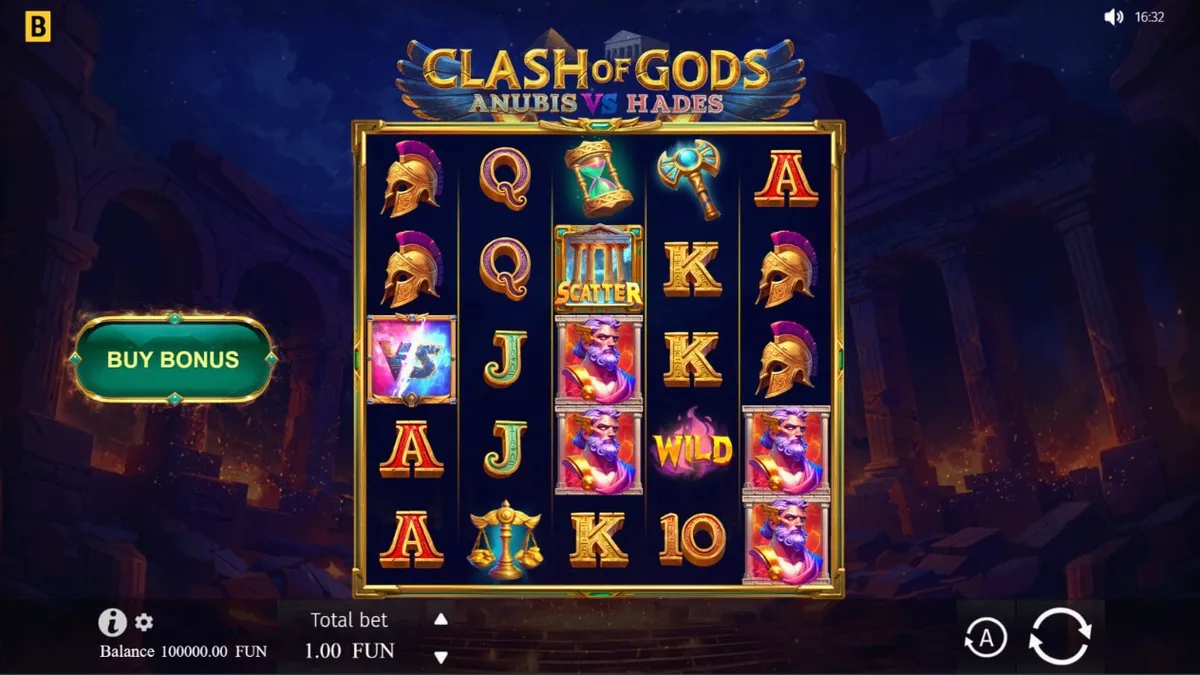 Interface do jogo de slot Clash of Gods: Anubis vs Hades com tema de mitologia egípcia e grega